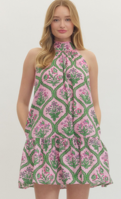 pink and green halter dress THREE QUARTERS Pink and Green Hot Gold Printed Halter Dress
