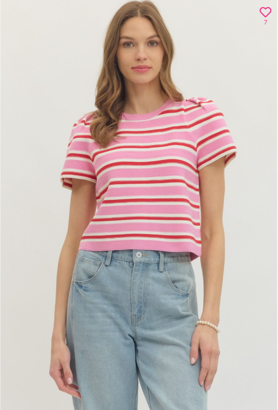 Striped short puff sleeve knit top | Blake's Boutique & Company